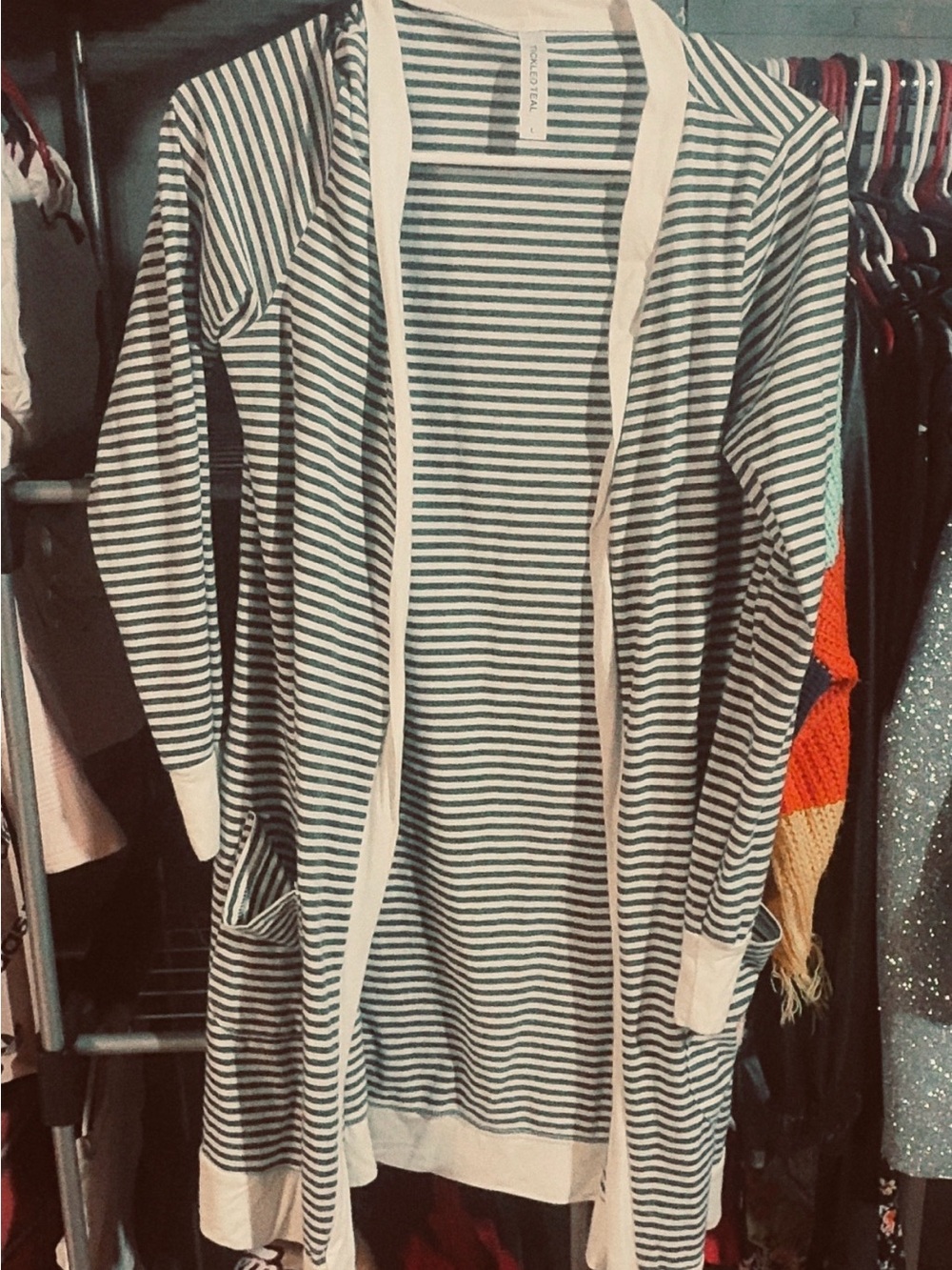 Striped Open-Front Women’s Cardigan - Green & White
